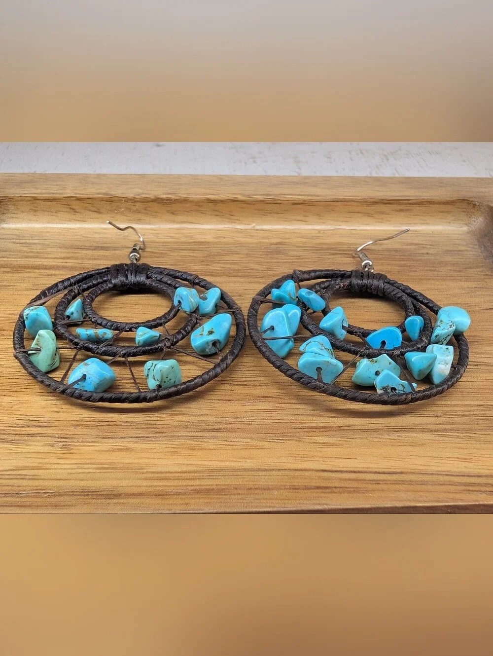 Turquoise Southwestern Boho Handmade Circular Dangle Earrings Wire Wrapped